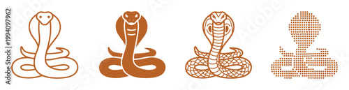 Minimalist cobra snake icon set, brown king cobra vector illustrations, 4 stylized serpent silhouettes for logo design and branding