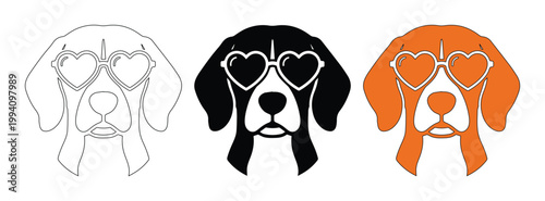 Beagle dog head with heart sunglasses vector set, cute puppy face in line art and flat styles, pet lover graphic for t-shirt design and stickers