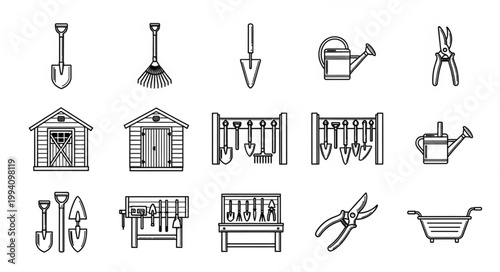 Collection of Garden Tools and Sheds Icons.