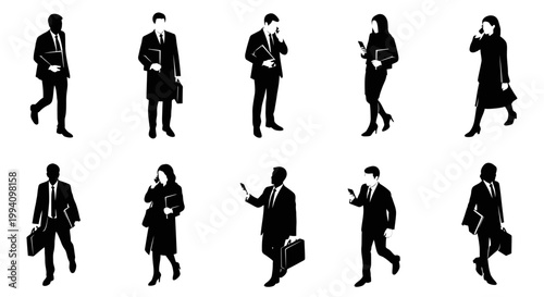 silhouettes of business people walking and talking on phones diverse group
