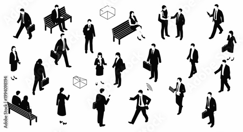 isometric business people walking and working in office environment silhouette collection