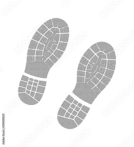 Minimalist grey shoe print vector, pair of sneaker footprints with tread pattern, isolated boot sole marks for forensic or walking concepts