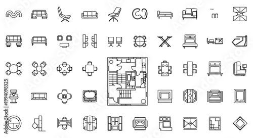 architectural symbols furniture icons interior design elements for floor plans illustrating home decor layouts for building projects.