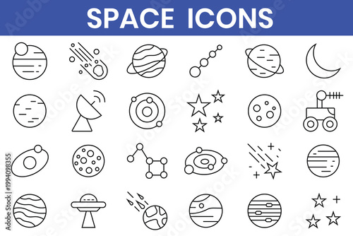 Space line icons set. Astronomy icon set. Contains such Icons as space, planet, alien, solar, astronaut, technology, space travels, stars, exploration And Other Elements. Vector illustration.
