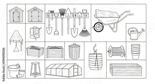 Collection of Garden Tools and Supplies Illustration.