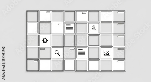 Kanban board with sticky notes and icons for project management.