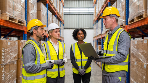 Schilderij op canvas Diverse warehouse team meeting for a logistics briefing with a laptop in a spacious industrial storage facility