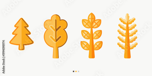 Four stylized golden trees representing different coniferous forms
