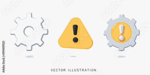 Three isometric icons gears and a warning sign vector illustration