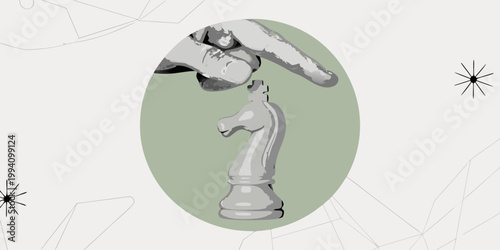 A hand dramatically crushes a white chess knight on a pale background