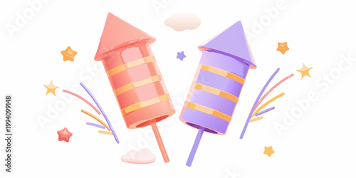 Colorful firework rockets with sparkling trails and scattered stars