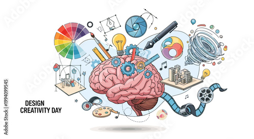 Brain with creative design elements around.