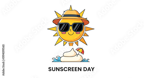 Cartoon sun wearing sunglasses hat.