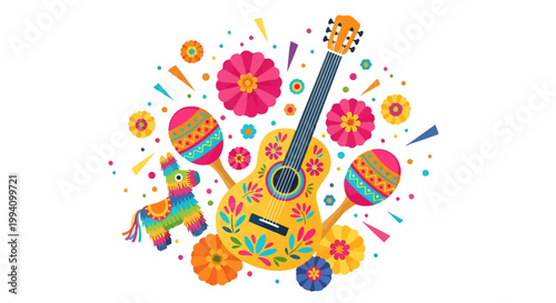Colorful Guitar and Maracas Instrument.