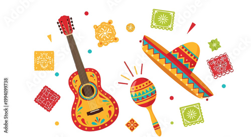 Colorful guitar and musical instruments.
