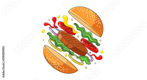 Delicious Burger with Meat and Vegetables.