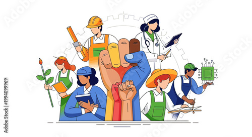 Diverse group of people working together.