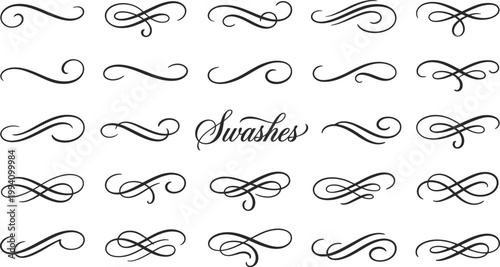 Fotografie Ornate vector graphic illustration showcasing a variety of elegant calligraphic swashes, decorative flourishes, and graceful typographic dividers