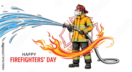 Firefighter in protective gear spraying water.