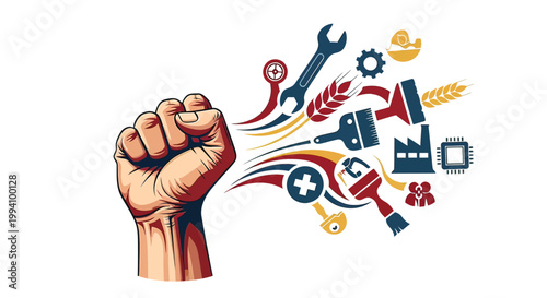 Fist with tools and symbols rising.