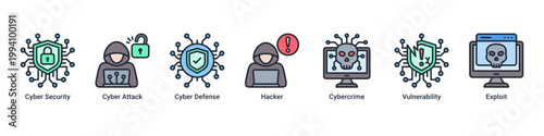 Cyber Defense web banner icon vector illustration with icons of Cyber Security,Cyber Attack,Cyber Defense,Hacker,Cybercrime,Vulnerability and Exploit