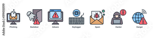 Attack Prevention web banner icon vector illustration with icons of Phishing,Backdoor,Adware,Keylogger,Spam,Hacker and Danger