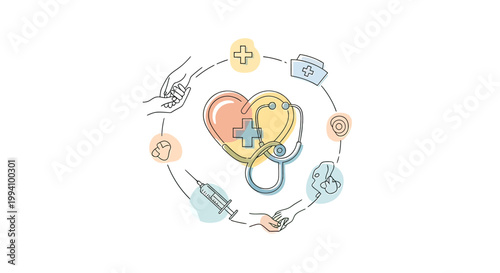 Interconnected hearts with medical symbols around.