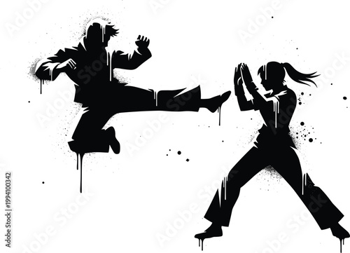 Martial Arts Action Pose Illustration of Two Fighters in Combat Stance for Sports, Fitness, and Self-Defense Concepts