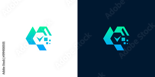 Abstract geometric digital checkmark logo design on white and dark backgrounds for technology and business concepts