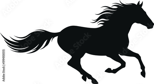 Dynamic vector illustration capturing a powerful black horse silhouette galloping with flowing mane and tail, symbolizing speed and freedom.