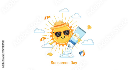 Smiling sun with black sunglasses.