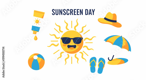 Sunscreen protection summer vacation icons set.