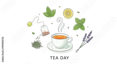 Tea Cup with Herbs and Lemon.