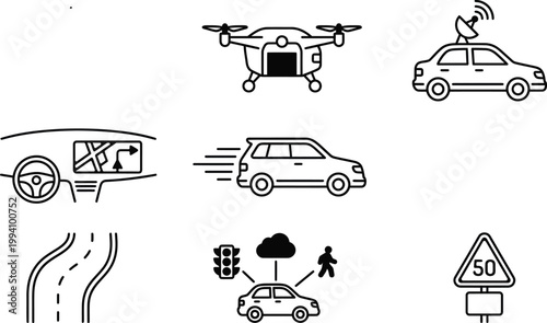 A collection of vector graphic icons illustrating modern autonomous vehicle technology features, smart transportation systems, and advanced road safety digital components.