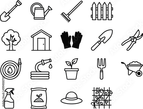 A vector graphic illustration collection of essential gardening tools and plant elements for outdoor cultivation activities