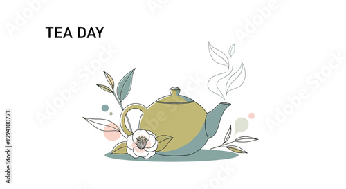 Tea pot with flower and leaves.