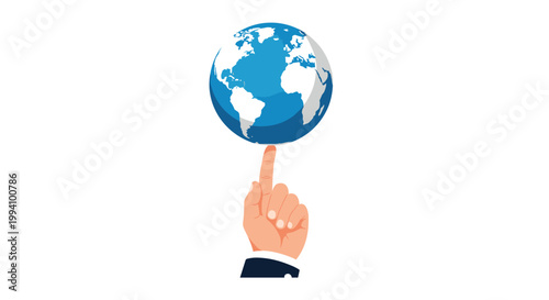 Hand in a business suit balancing a small blue earth globe on the tip of its finger representing global power and responsibility.