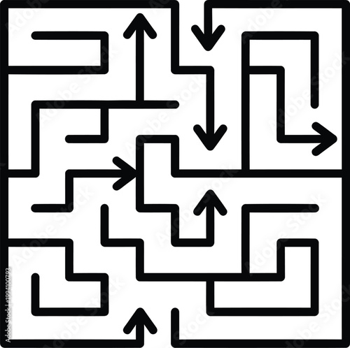 Simple graphic illustration of a maze with directional arrows, symbolizing complexity and problem solving challenges