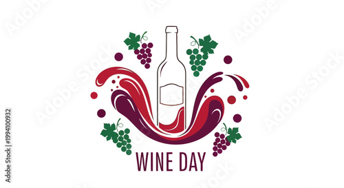 Wine bottle with grapes and leaves.