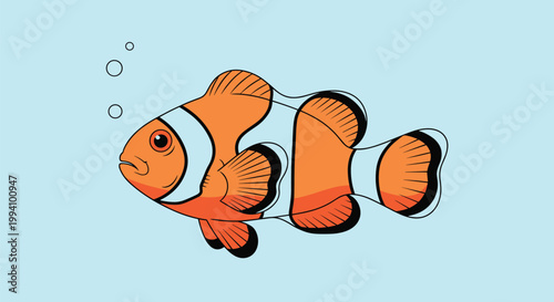 Colorful orange and white clownfish with black accents swimming in clear blue water representing coral reef marine life.