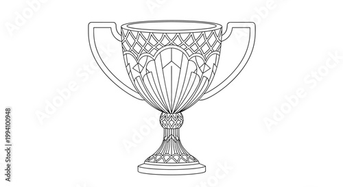 Intricate line art drawing of a classic decorative trophy cup with ornate patterns and handles for awards and achievement themes.