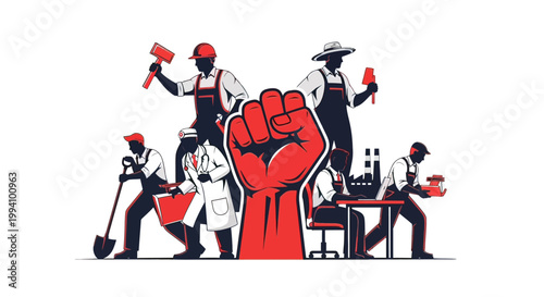 Workers with tools and raised fist.