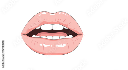 Close up of full glossy pink lips slightly parted to reveal a row of white teeth for beauty and cosmetic themes.