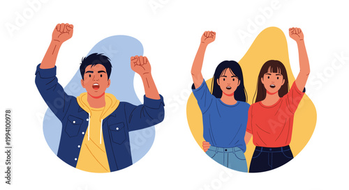 Group of diverse people protesting with raised fists and determined expressions against colorful abstract backgrounds for social justice.