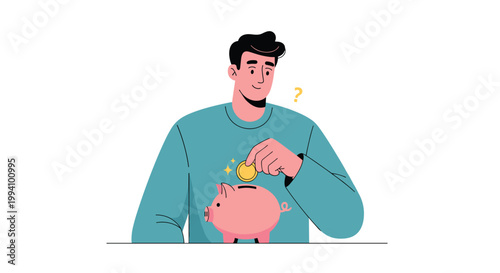 Man in a blue sweater smiling as he puts a gold coin into a pink piggy bank representing savings and financial planning.