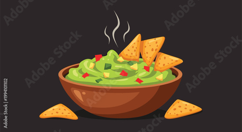 Warm ceramic bowl filled with fresh green guacamole dip served with crispy yellow tortilla chips on a dark background for food design.