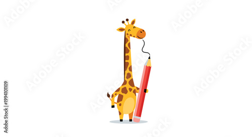 Tall cartoon giraffe standing and holding a giant red pencil used for drawing a creative line in a fun educational animal illustration.