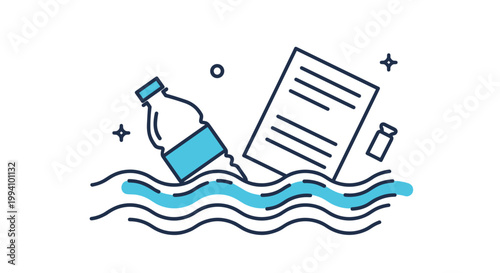 Plastic bottle and paper waste floating on water waves depicting environmental pollution and the need for ocean conservation efforts.