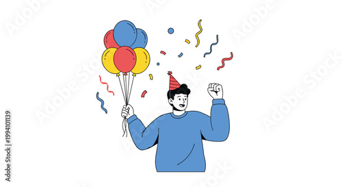 Happy man wearing a party hat and celebrating with a bunch of colorful balloons and flying confetti in a cheerful festive illustration.