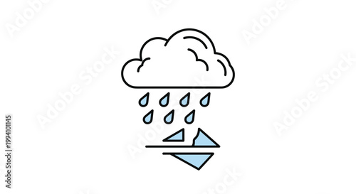 Dark rain cloud with blue water droplets falling over melting ice or snowy mountains illustrating weather conditions and climate impact.